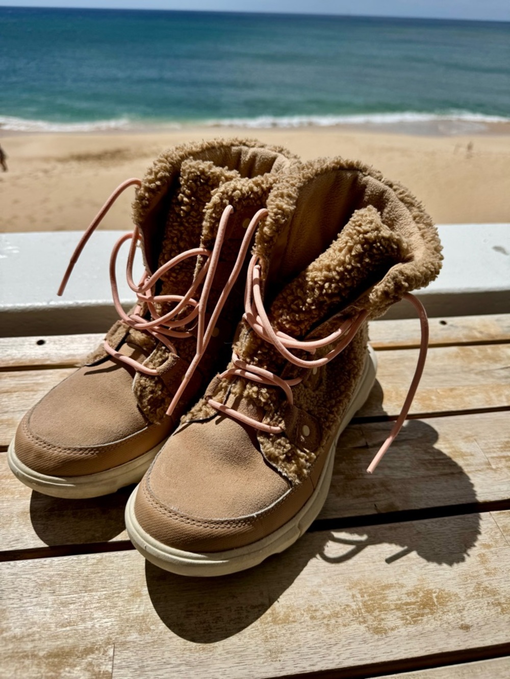 Sorel Tan Shearling-Lined Winter Boots with Pink Laces